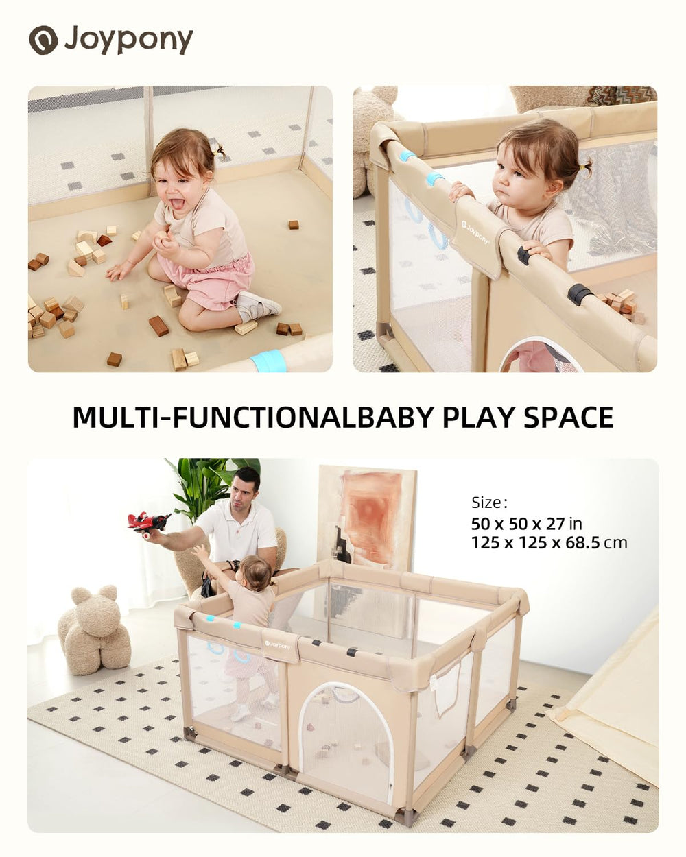 Joypony baby playpen anti-slip suction cups stabilize on smooth floors.