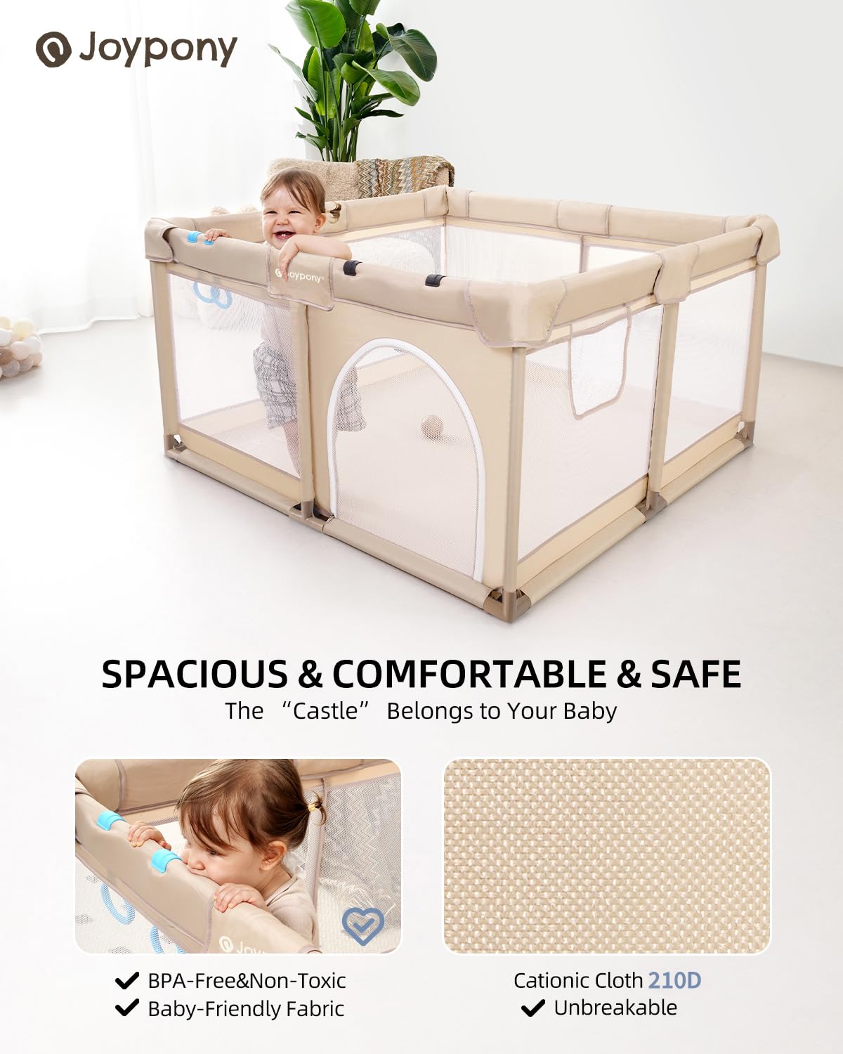 Joypony baby playpen with breathable mesh provides full visibility for supervision.