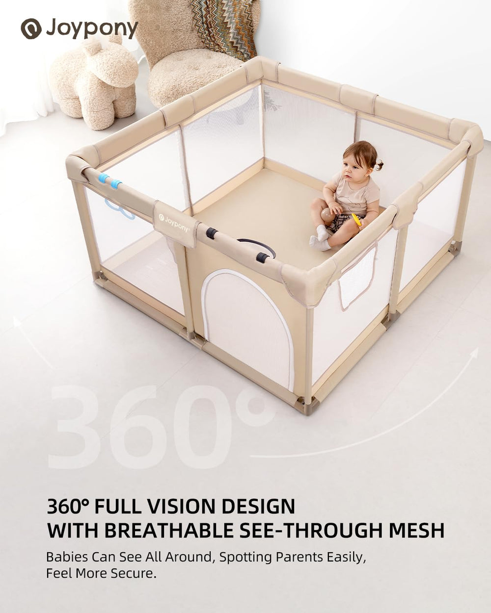 Joypony baby playpen easy setup helps busy families move between rooms quickly.