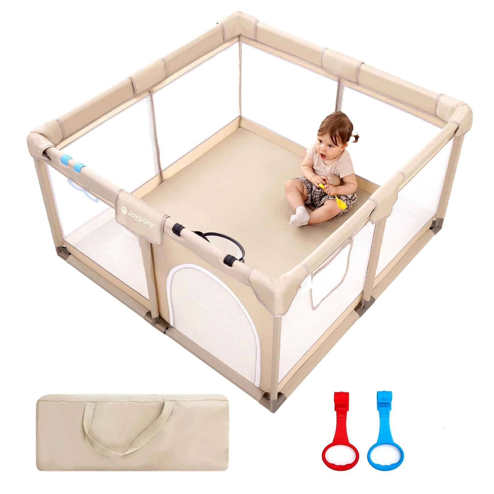 Joypony baby playpen with gate offers secure entry for safe indoor play.