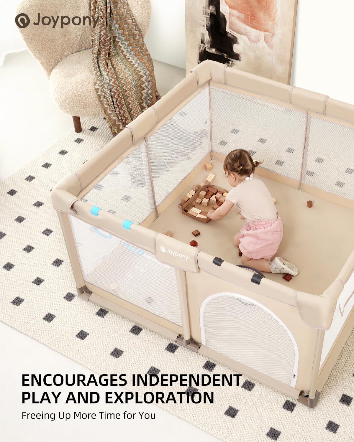 Joypony baby playpen wipe-clean surface keeps messes manageable after spills.