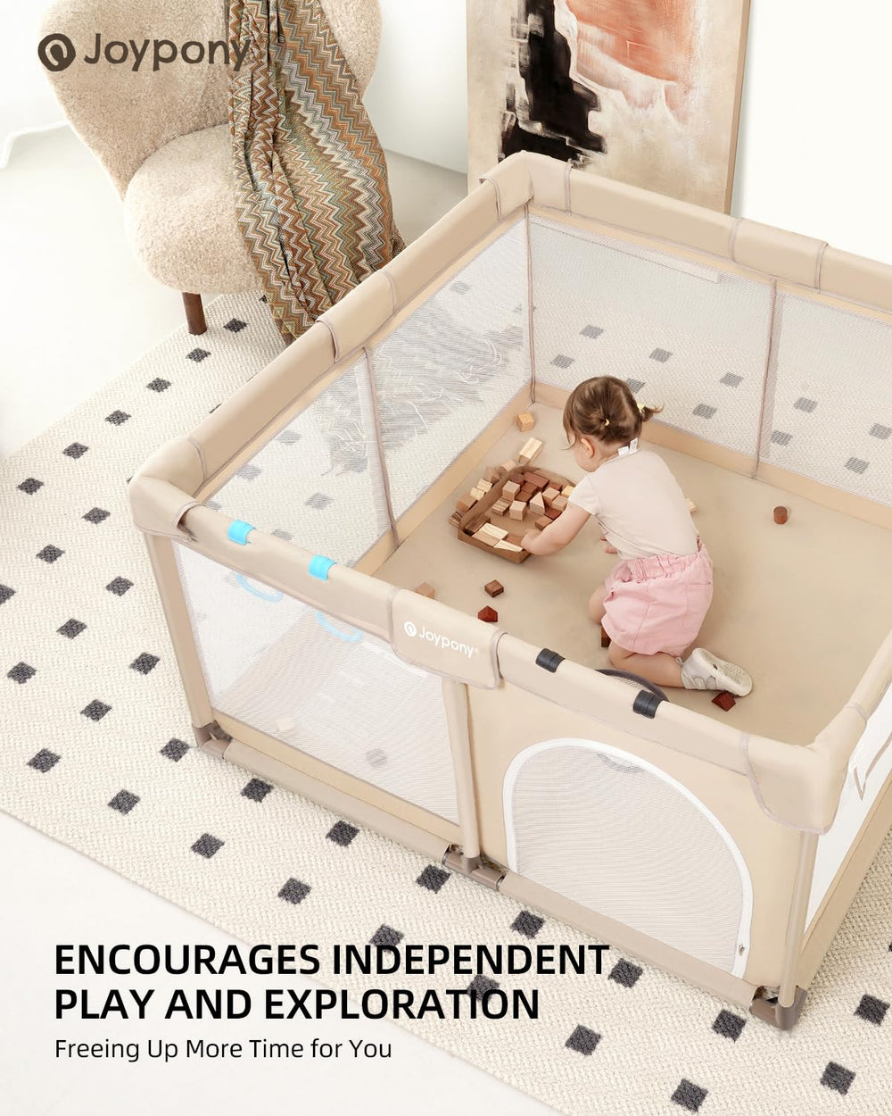 Joypony baby playpen wipe-clean surface keeps messes manageable after spills.