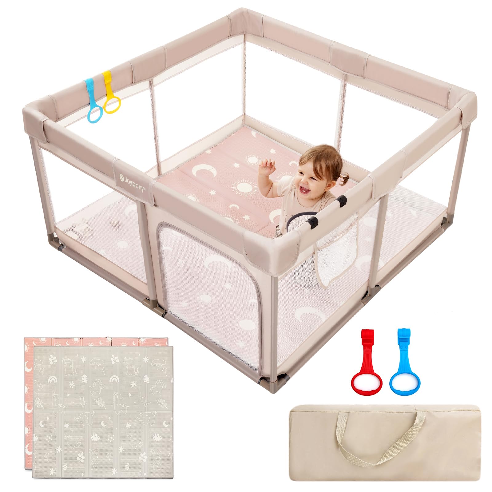 Joypony baby playpen with mat in beige showing a safe indoor play space
