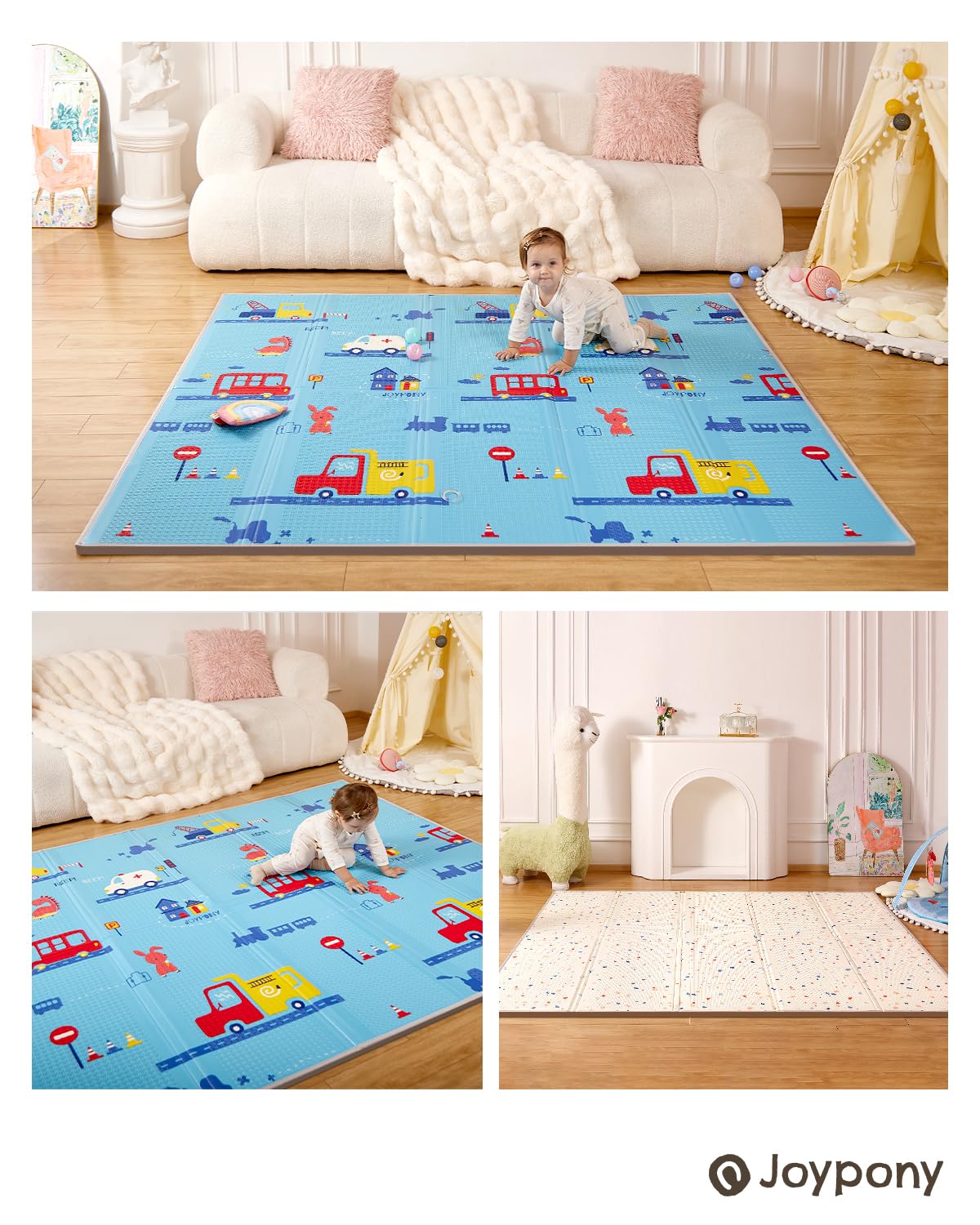 Joypony Portable mat for home and travel fits in its carry bag.