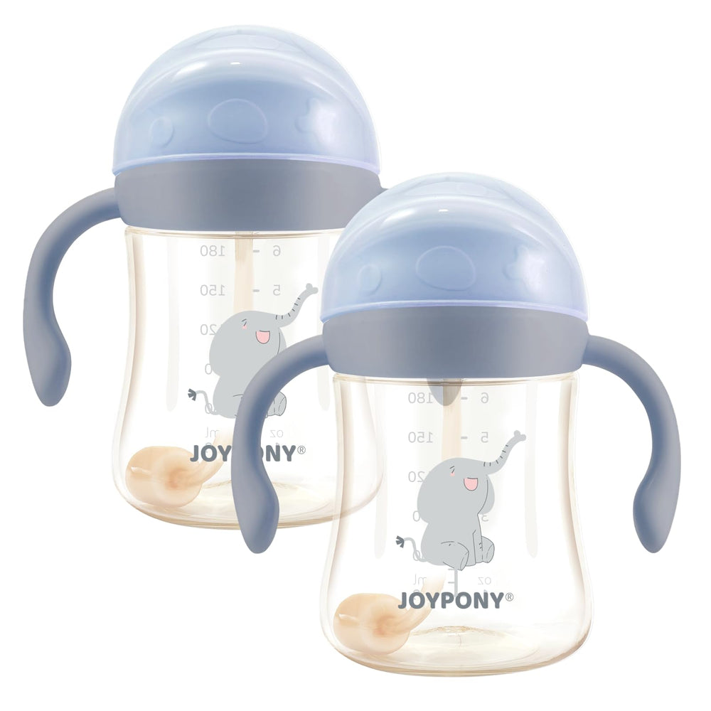 Joypony sippy cup blue front view shows spill-proof design in action.