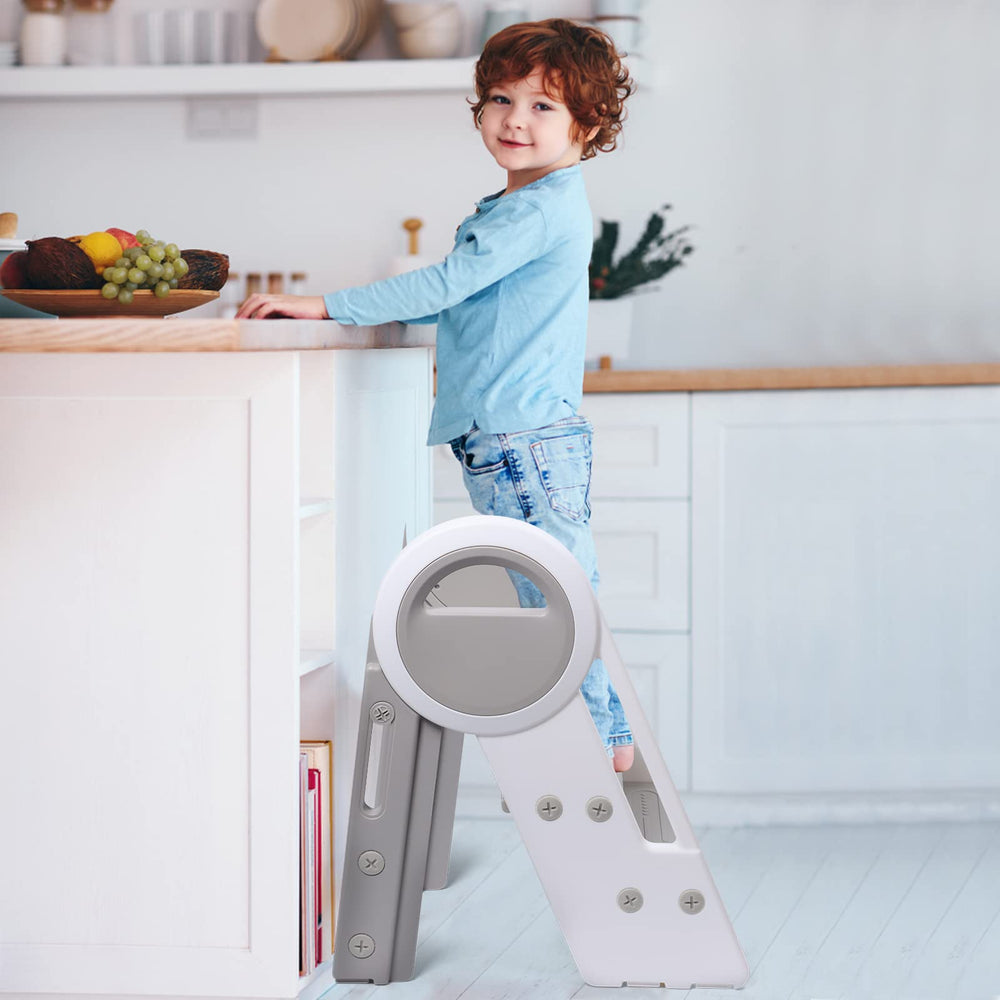 JoyrChld Step Ladder 3-Step grey armrests support safe climbing