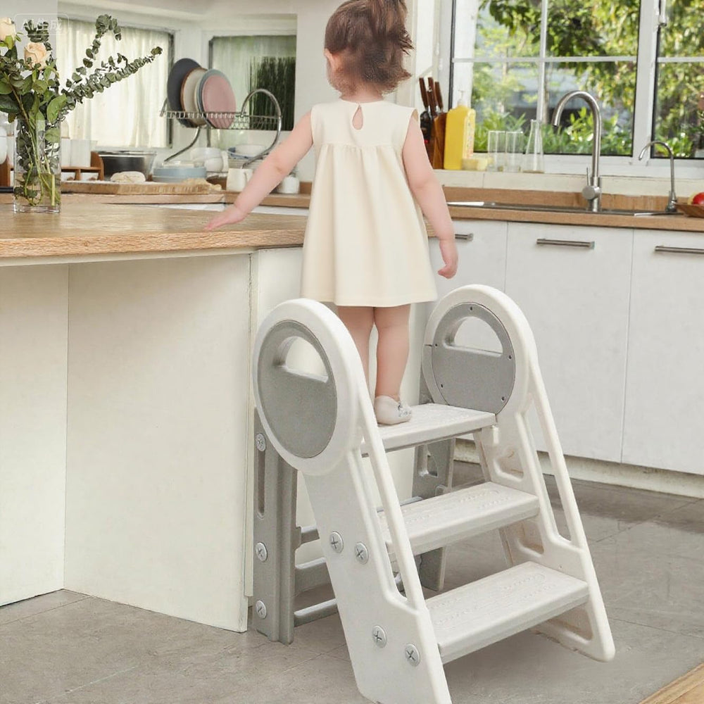 JoyrChld Step Ladder 3-Step grey side view shows compact folding for storage