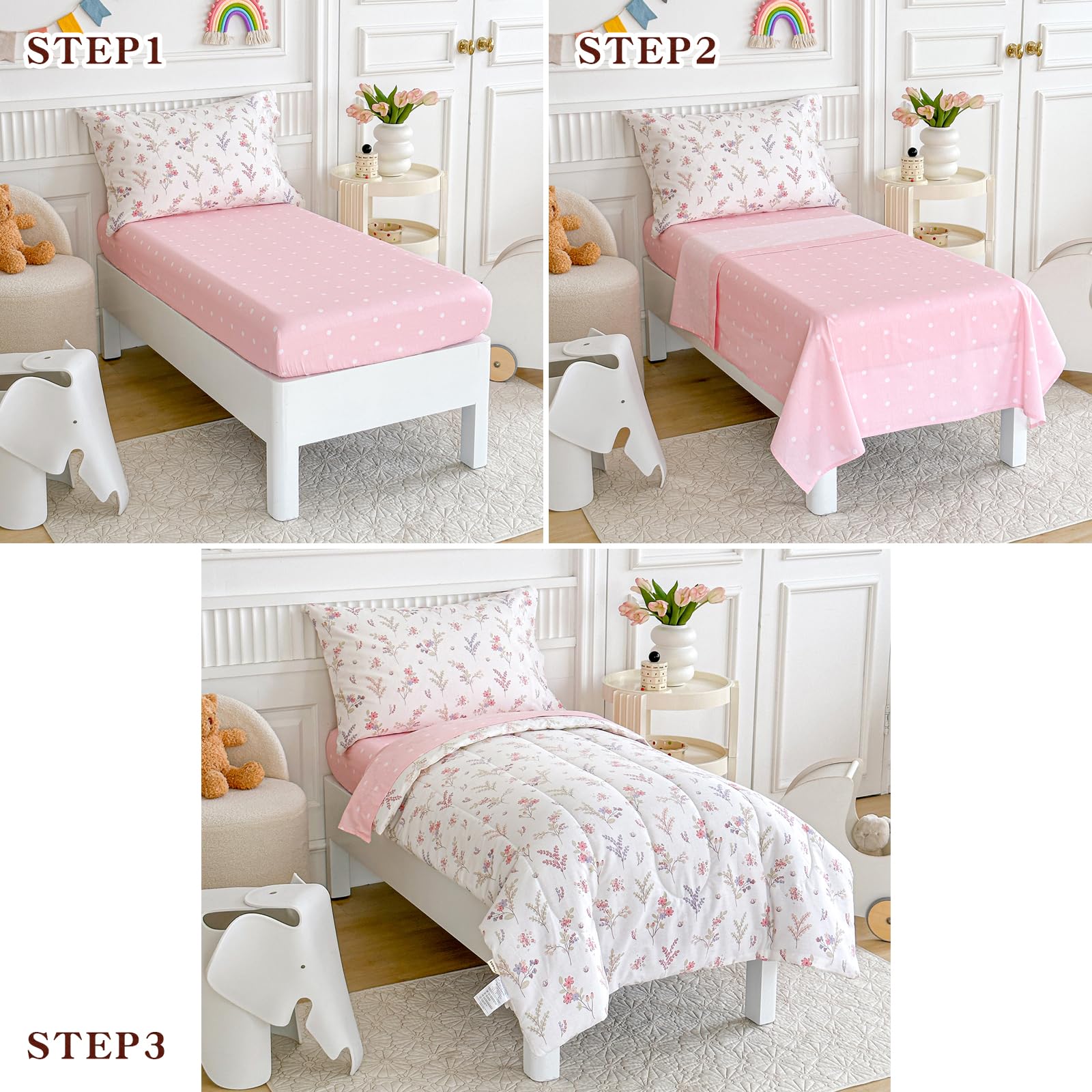 Joyreap bedroom scene with floral bedding, inviting bedtime.