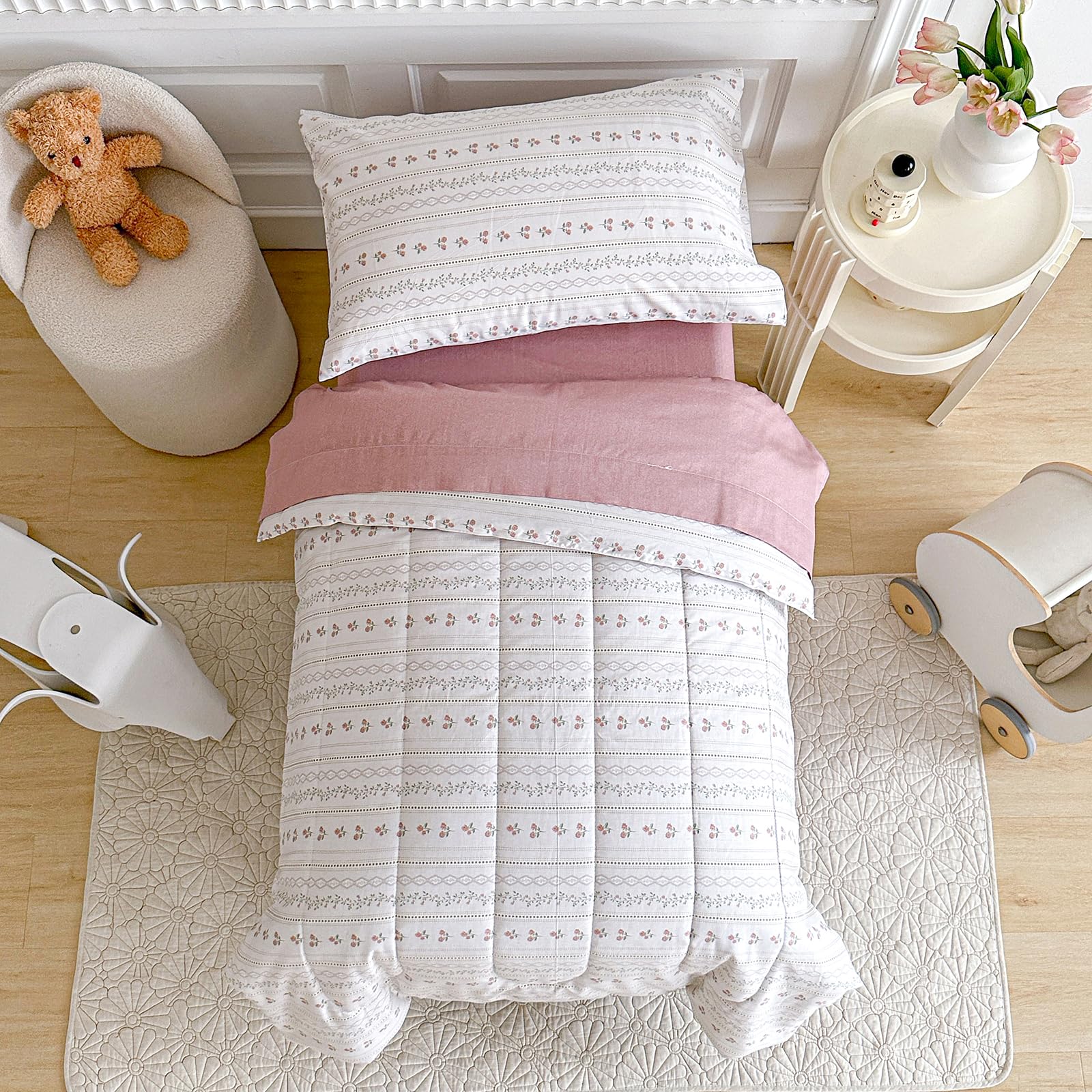 Joyreap flower stripes Boho comforter showcases gentle cotton for delicate toddler skin.