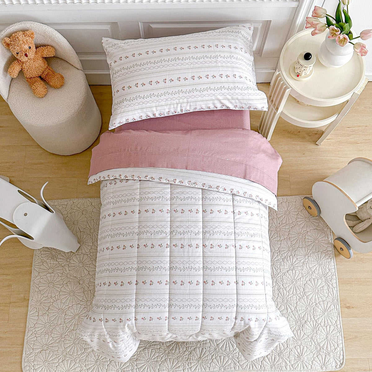Joyreap flower stripes Boho comforter showcases gentle cotton for delicate toddler skin.