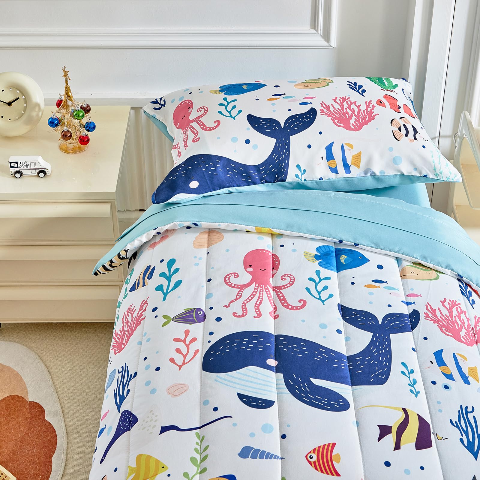 Joyreap ocean pattern closeup showing whales and stars on microfiber