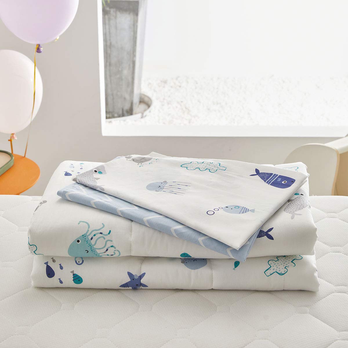 Joyreap flat sheet ocean design enhances complete bed setup.
