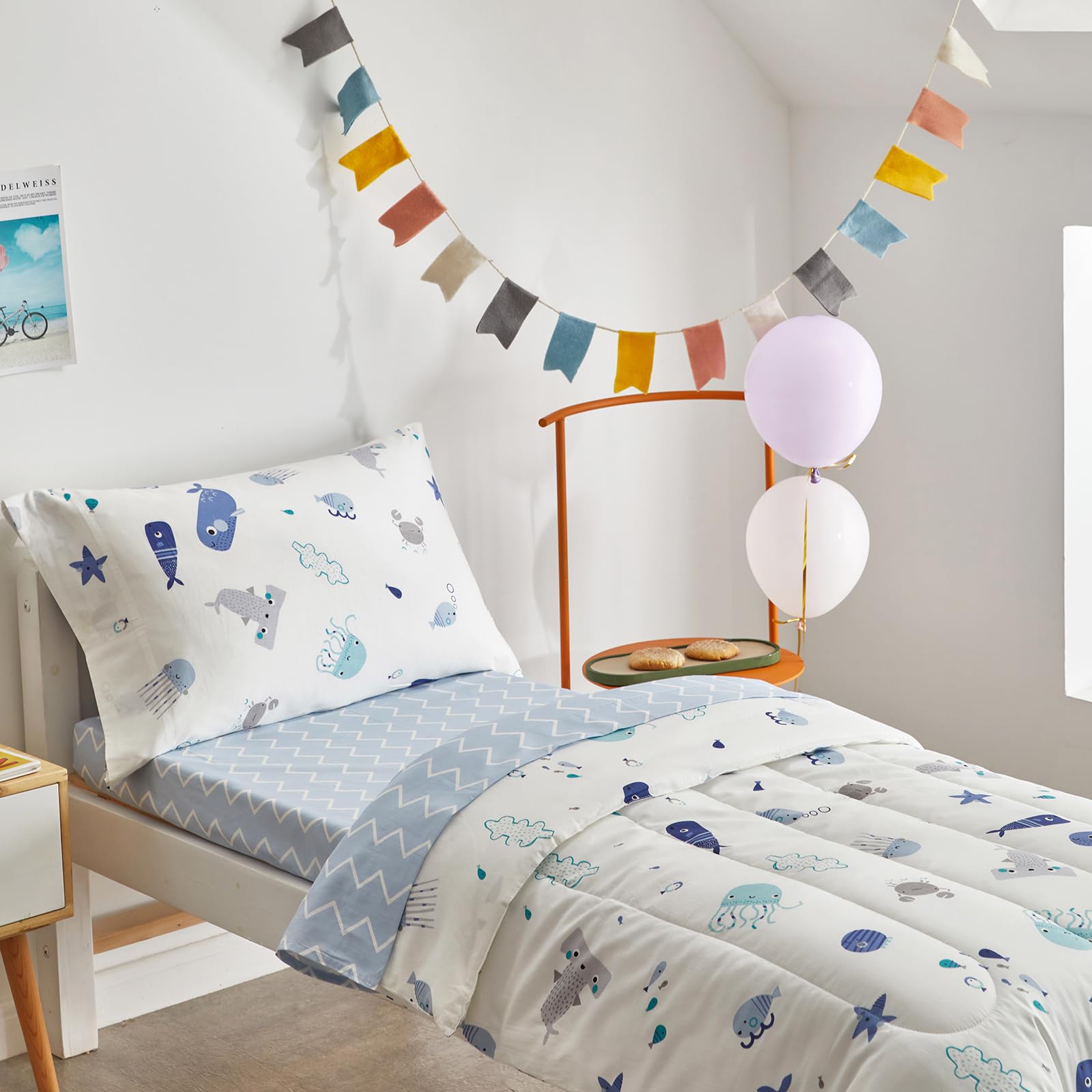 Joyreap top sheet with ocean pattern adds playful warmth for nights.