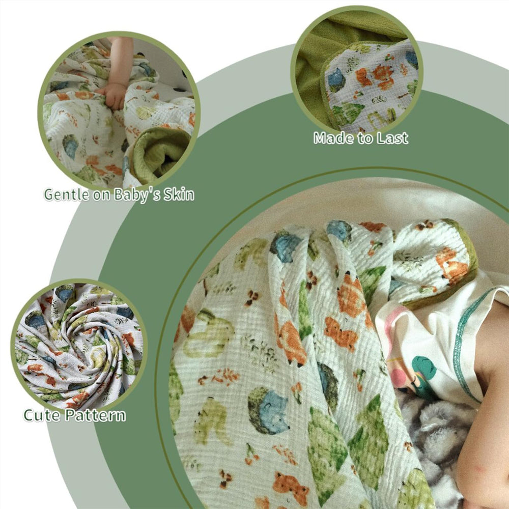 JoyTrek muslin blanket forest creatures pattern front inspires cozy snuggles.