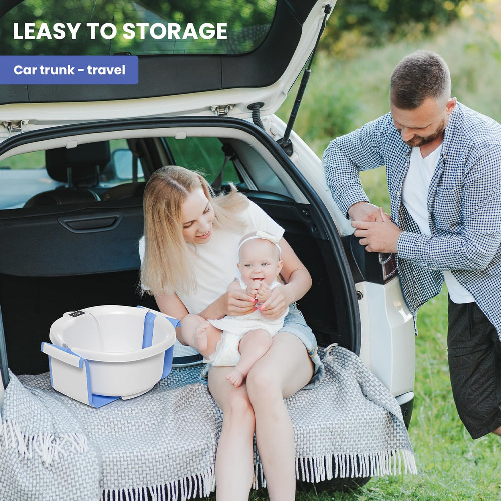 JoyYum blue tub supports infants to toddlers with portable travel use.