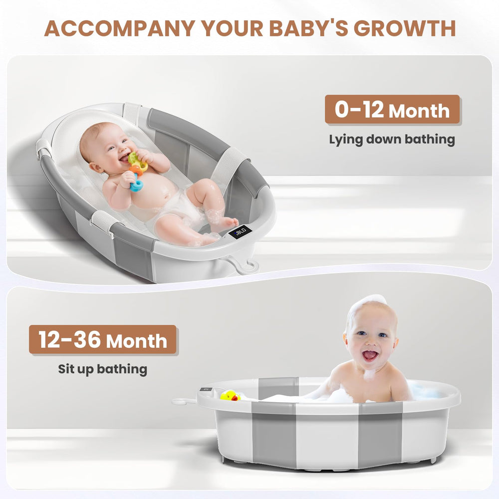 JoyYum collapsible baby bathtub thermometer display helps monitor bath temperature safely.