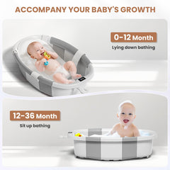 JoyYum collapsible baby bathtub thermometer display helps monitor bath temperature safely.