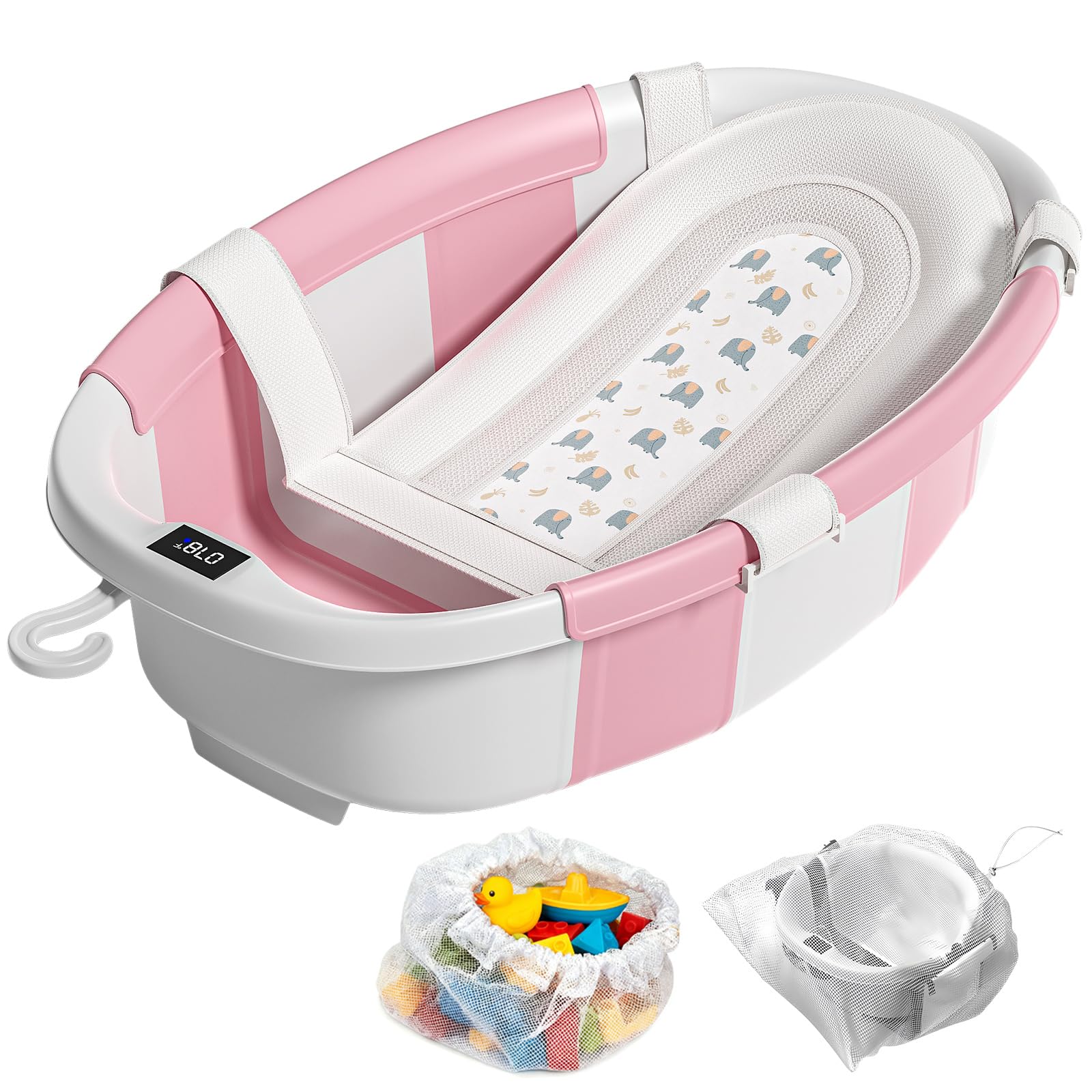 JoyYum collapsible baby bathtub folded for compact storage and travel.
