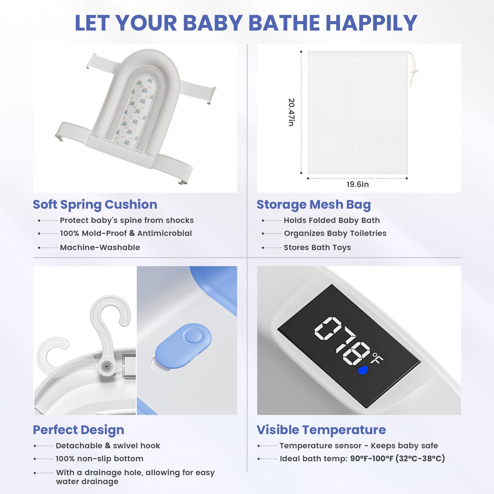 JoyYum non-slip base enhances tub stability during bath time.