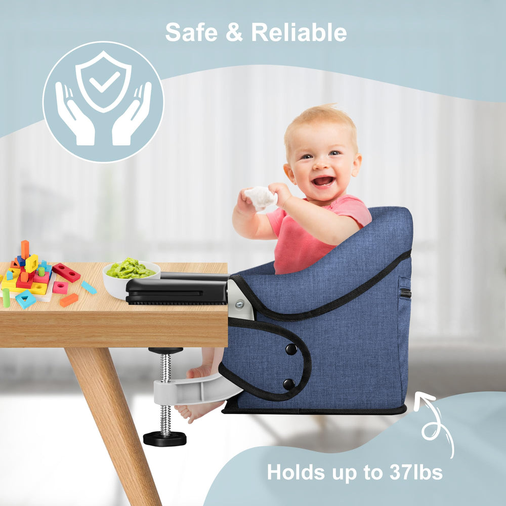 JOZZVE Hook On High Chair adjustable seat belt provides secure restraint.