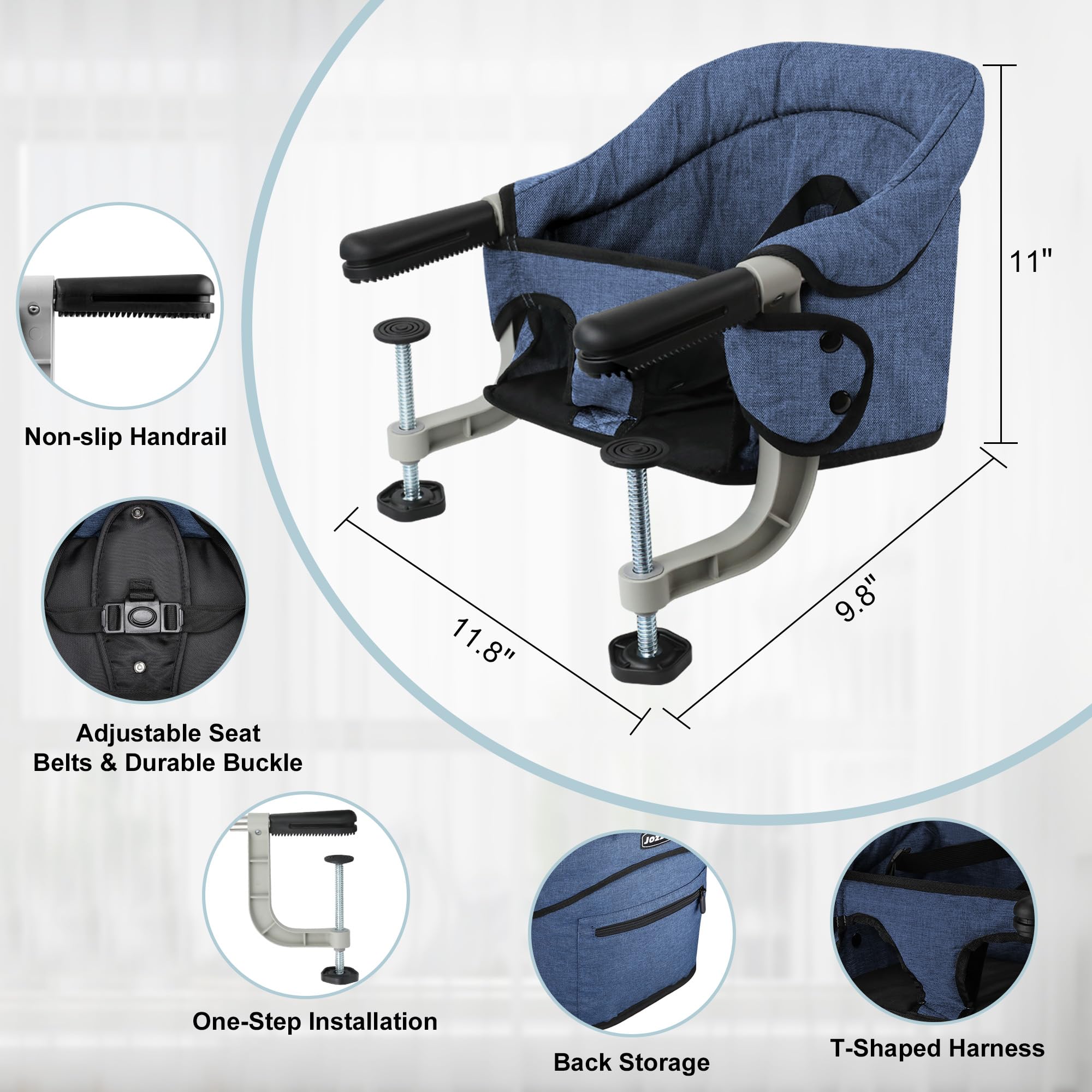 JOZZVE Hook On High Chair removable washable cover is easy to clean.