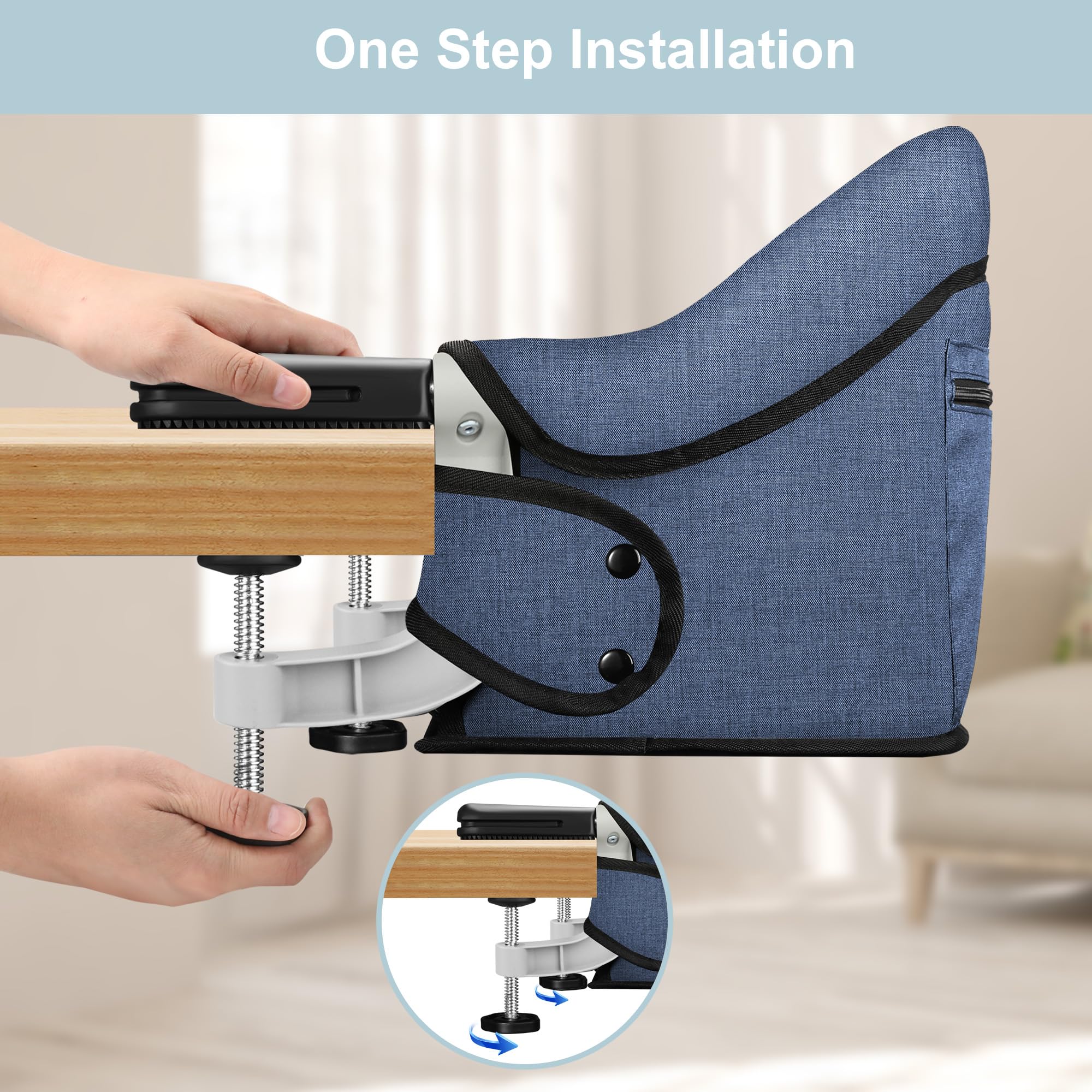 JOZZVE Hook On High Chair storage pocket back keeps bibs and utensils organized.