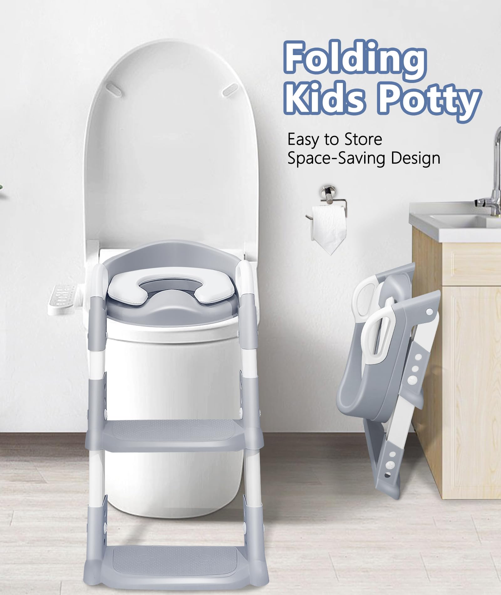JPart potty seat foldable design fits small bathrooms.