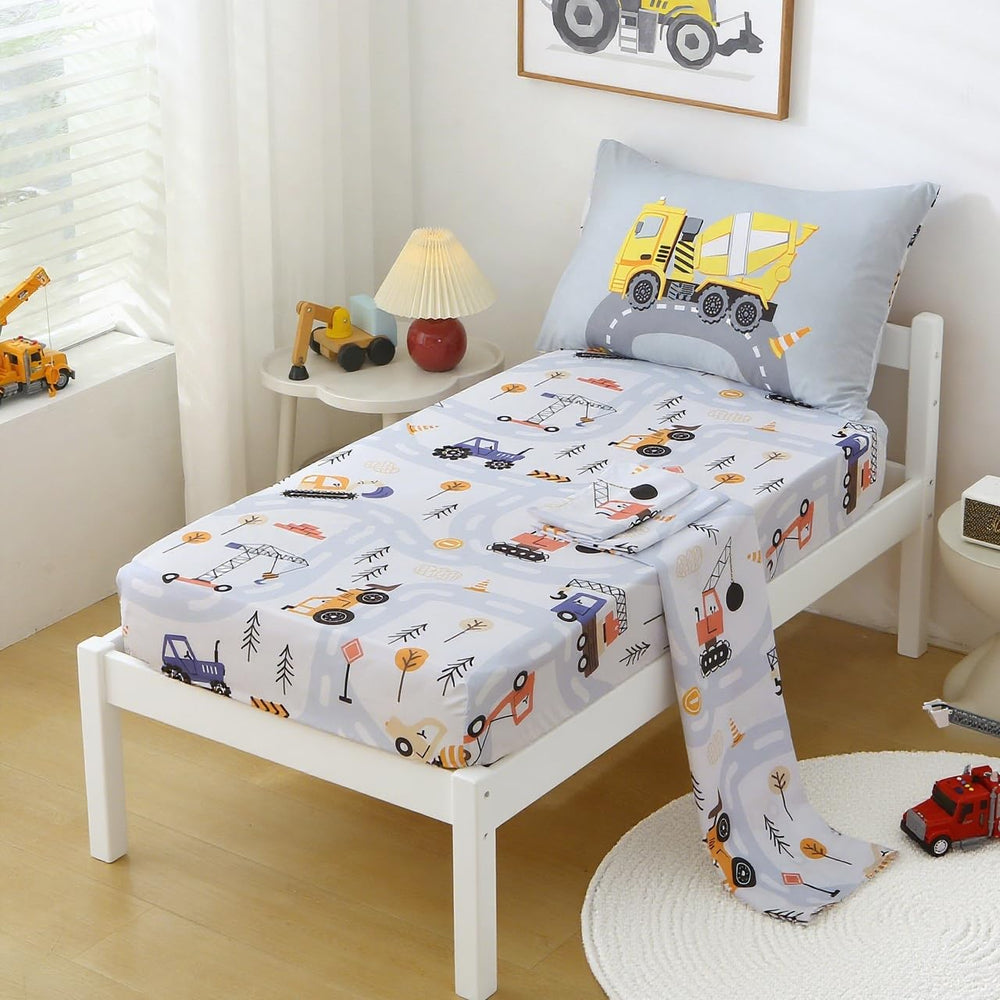Front design of JQWUPUP bedding shows yellow construction vehicles on roads