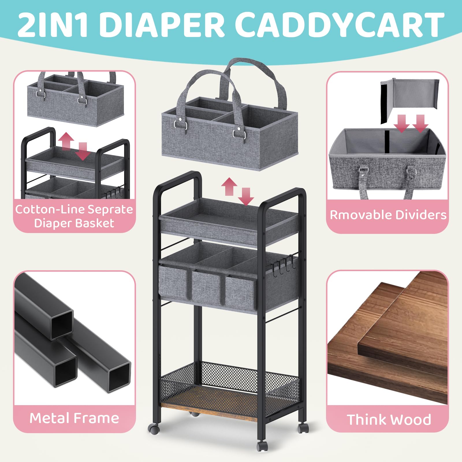 JRANBRJS bedside nursery diaper caddy within reach on a nightstand