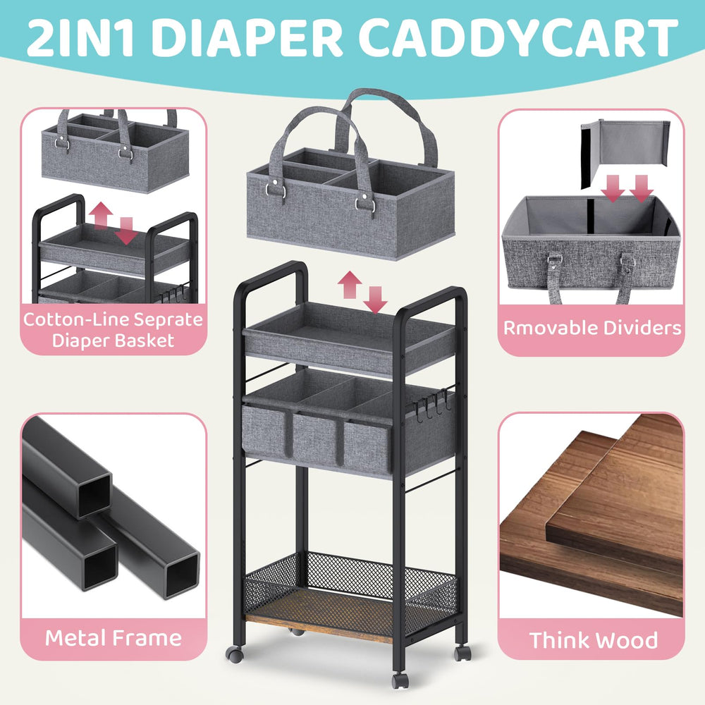 JRANBRJS bedside nursery diaper caddy within reach on a nightstand
