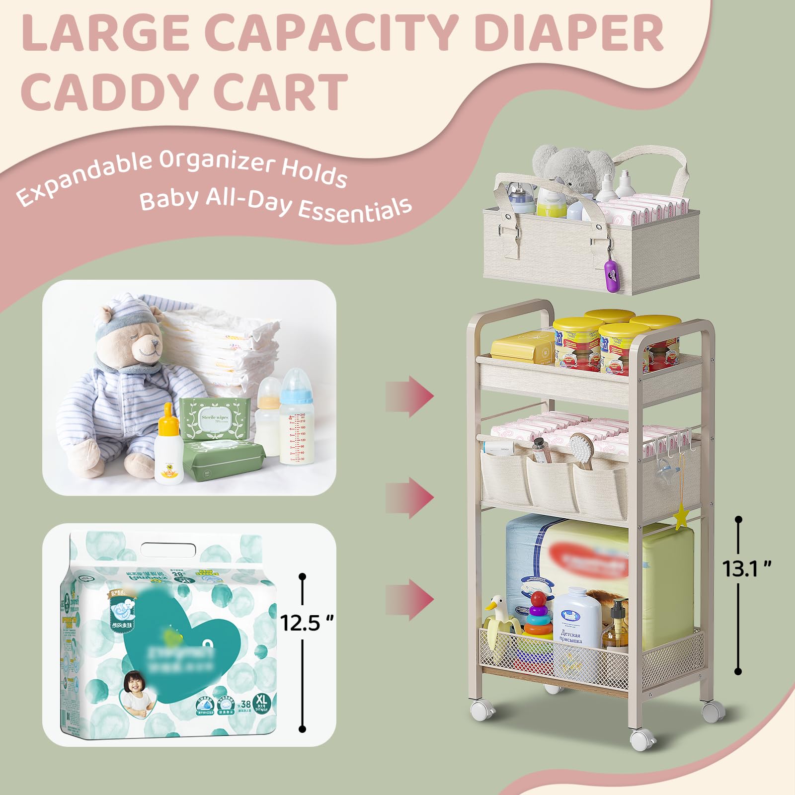 JRANBRJS three-tier baby cart offers organized storage for nappies and wipes