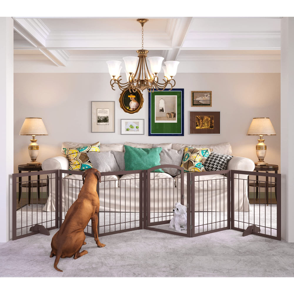 JSB dog gate shows the 144-inch open width in a rich espresso finish for wide spaces.