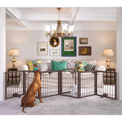 JSB dog gate shows the 144-inch open width in a rich espresso finish for wide spaces.