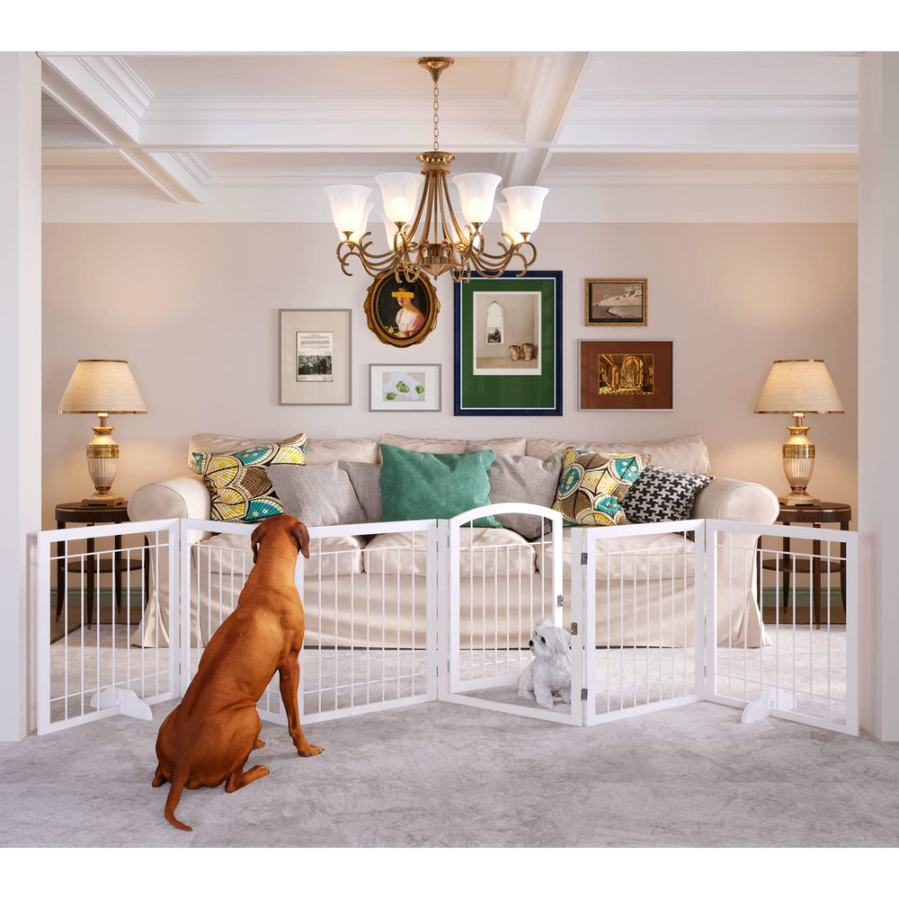 JSB dog gate in wide-open setup shows 144-inch width for hall safety.