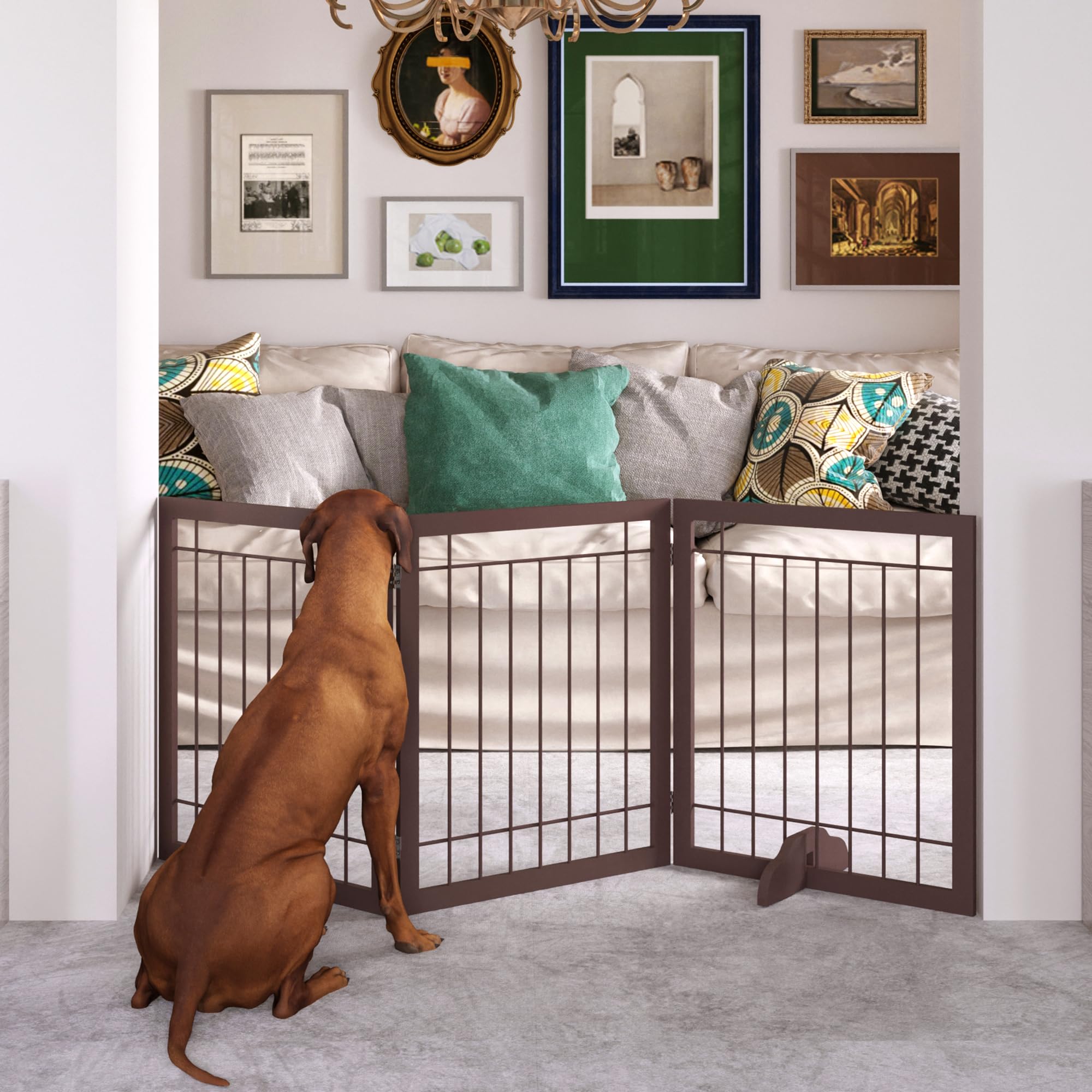 JSB 72-inch wide dog gate forms a tall barrier for open hallway containment.