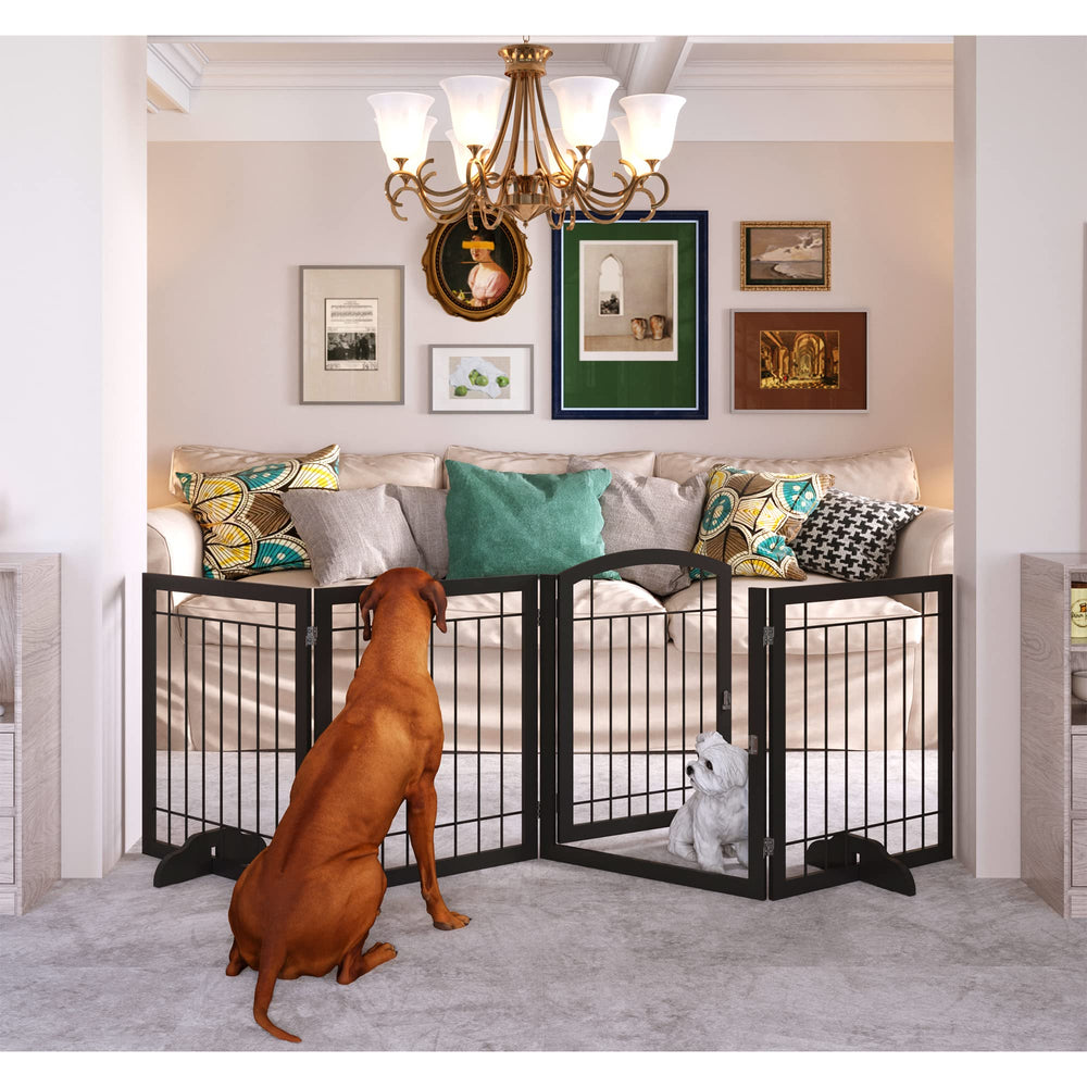 JSB dog gate 96-inch open assembly showcases easy setup and stable freestanding use.