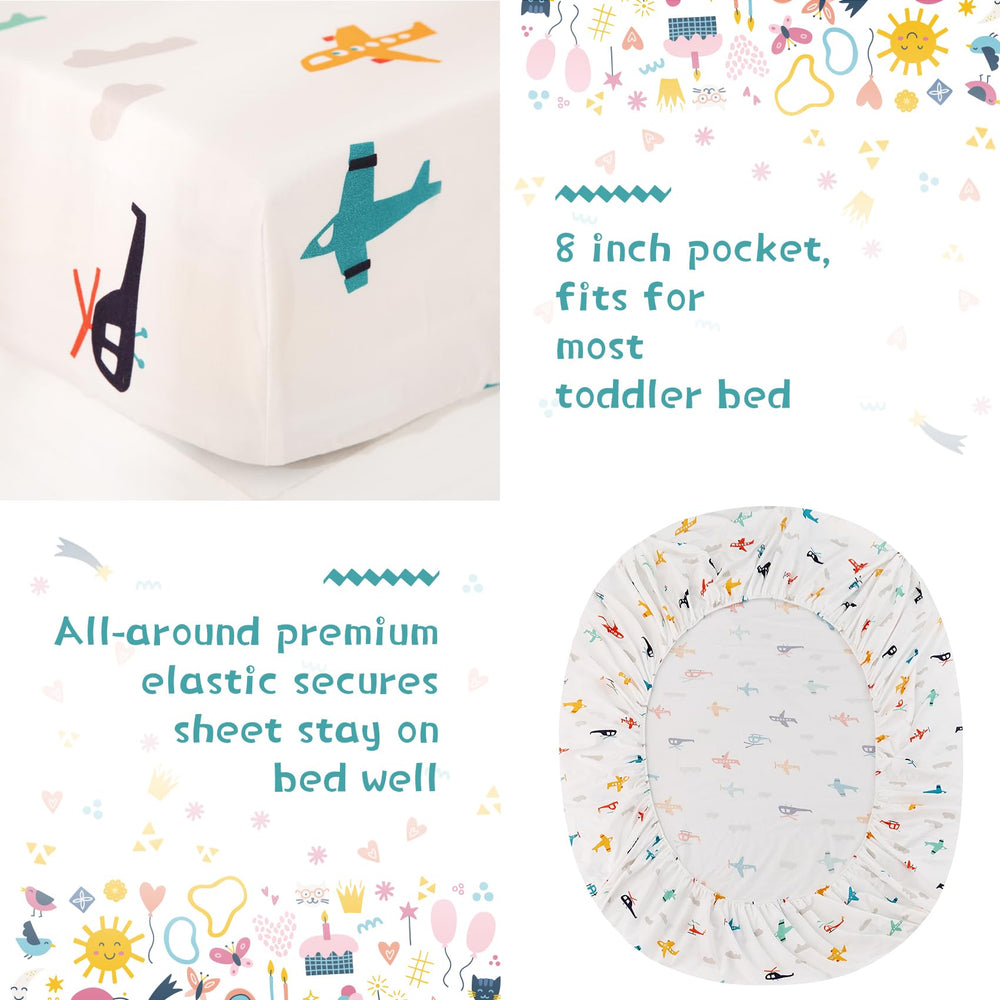 JSD Airplane Toddler Bedding Set fitted sheet with elastic edges for secure fit.