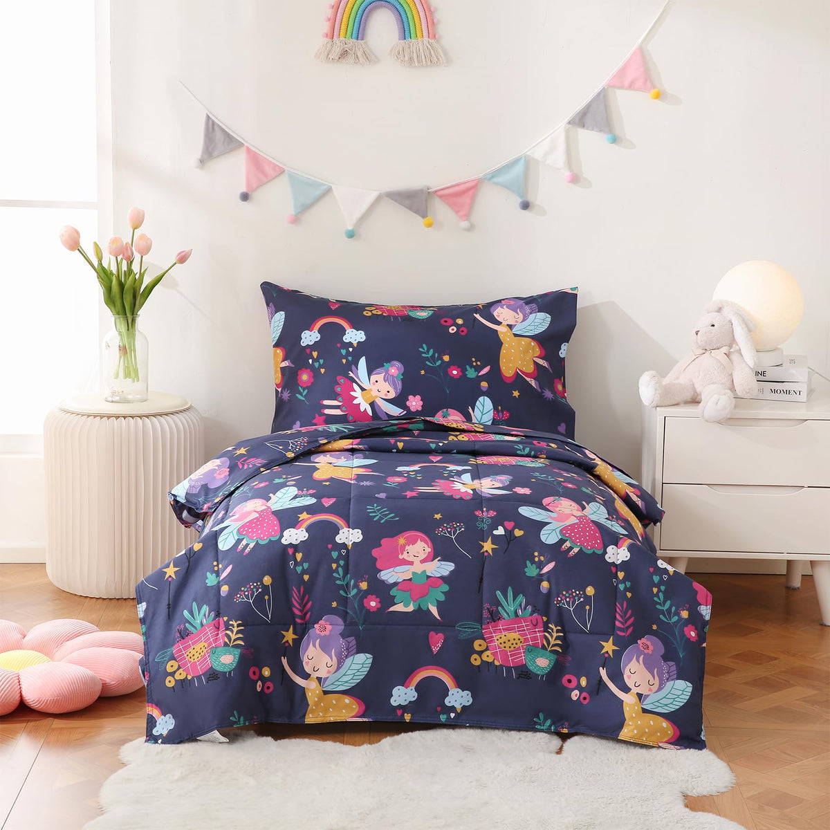 JSD Fairy toddler bedding set quilted comforter provides soft warmth for bedtime