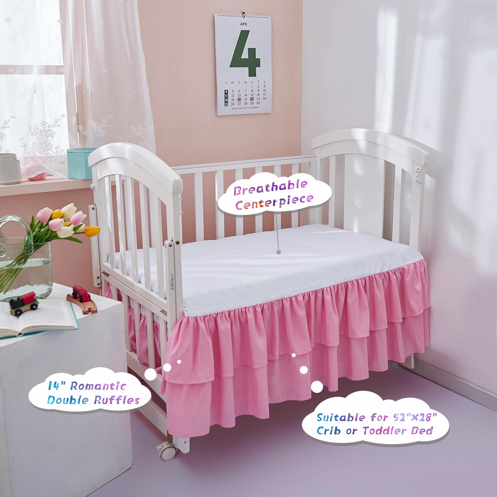 JSD pink crib skirt in microfiber fabric is soft and breathable.