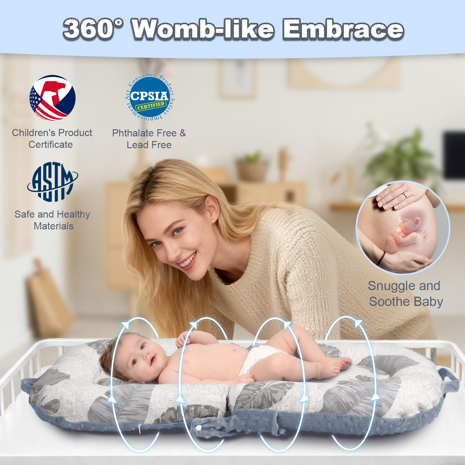 JSTPRO Baby Lounger safety-certified and designed for supervised, awake-time use
