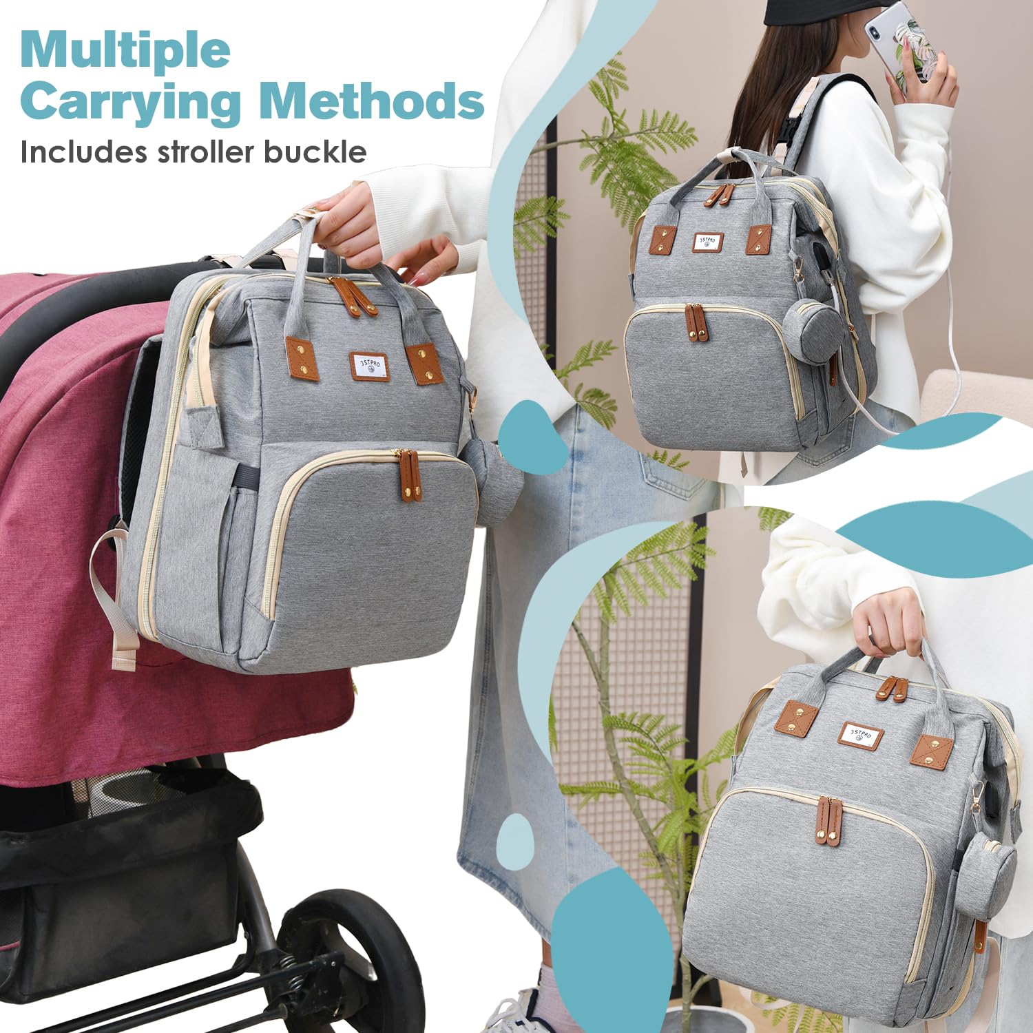 JSTPRO diaper bag backpack changing station pad ready for on-the-go changes