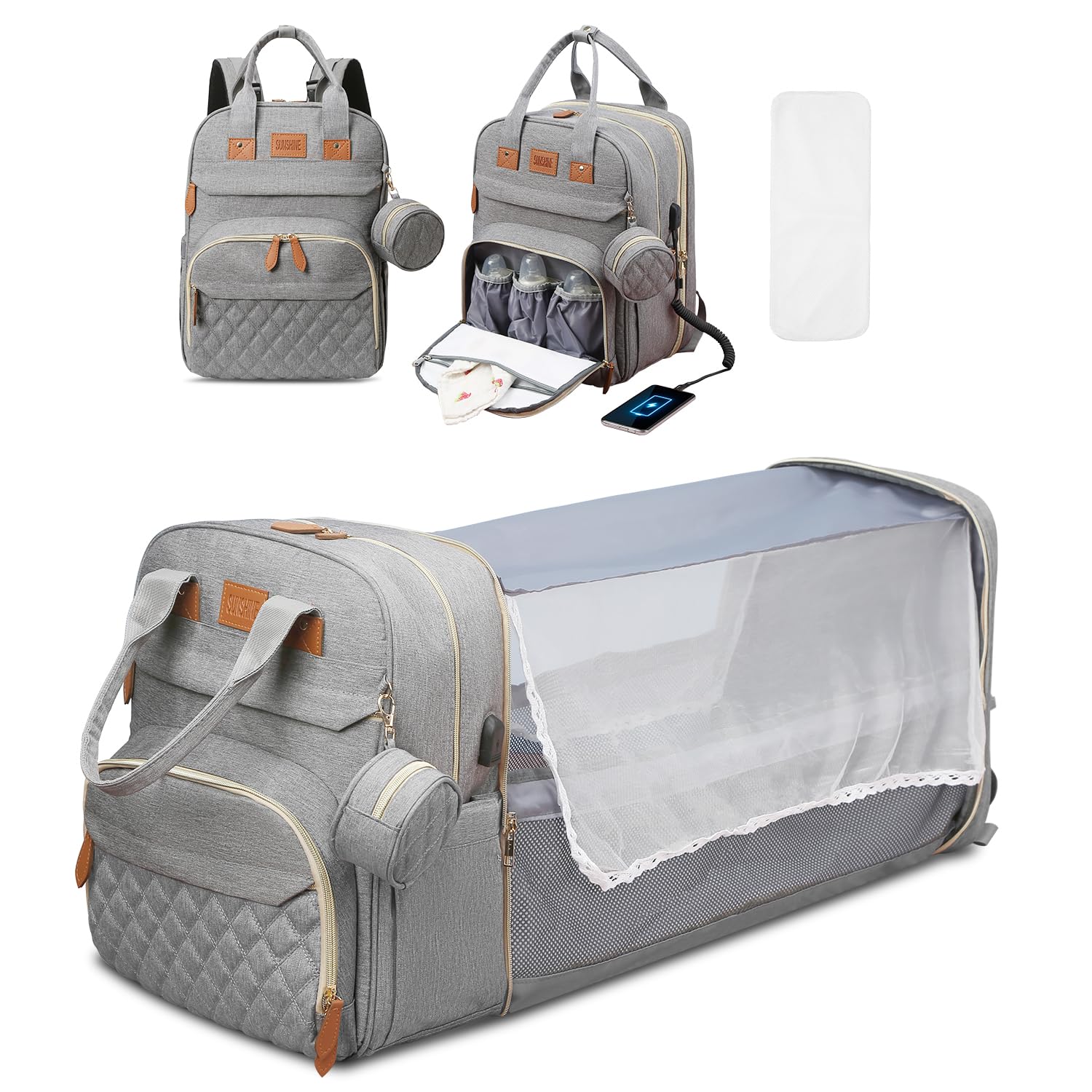 JSTPRO diaper bag backpack front view grey, spacious design for quick access