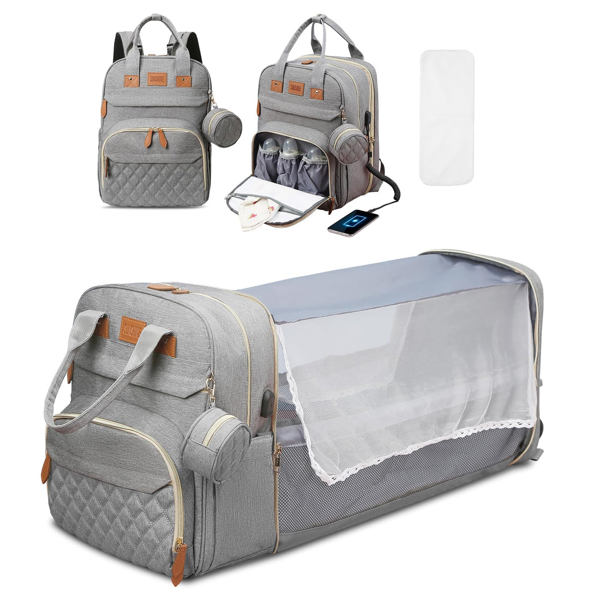 JSTPRO diaper bag backpack front view grey, spacious design for quick access