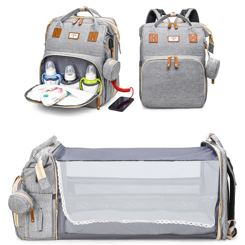 JSTPRO diaper bag backpack in grey, full view for organized family outings