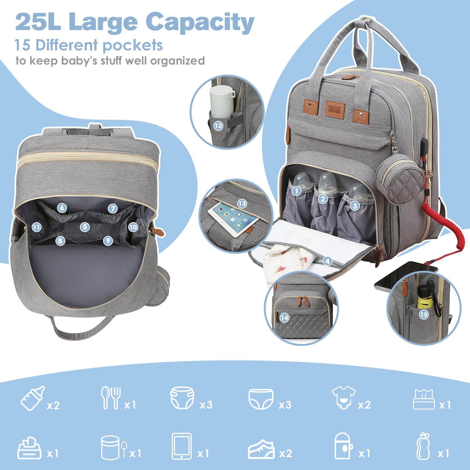 JSTPRO diaper bag backpack insulated bottle pockets in action