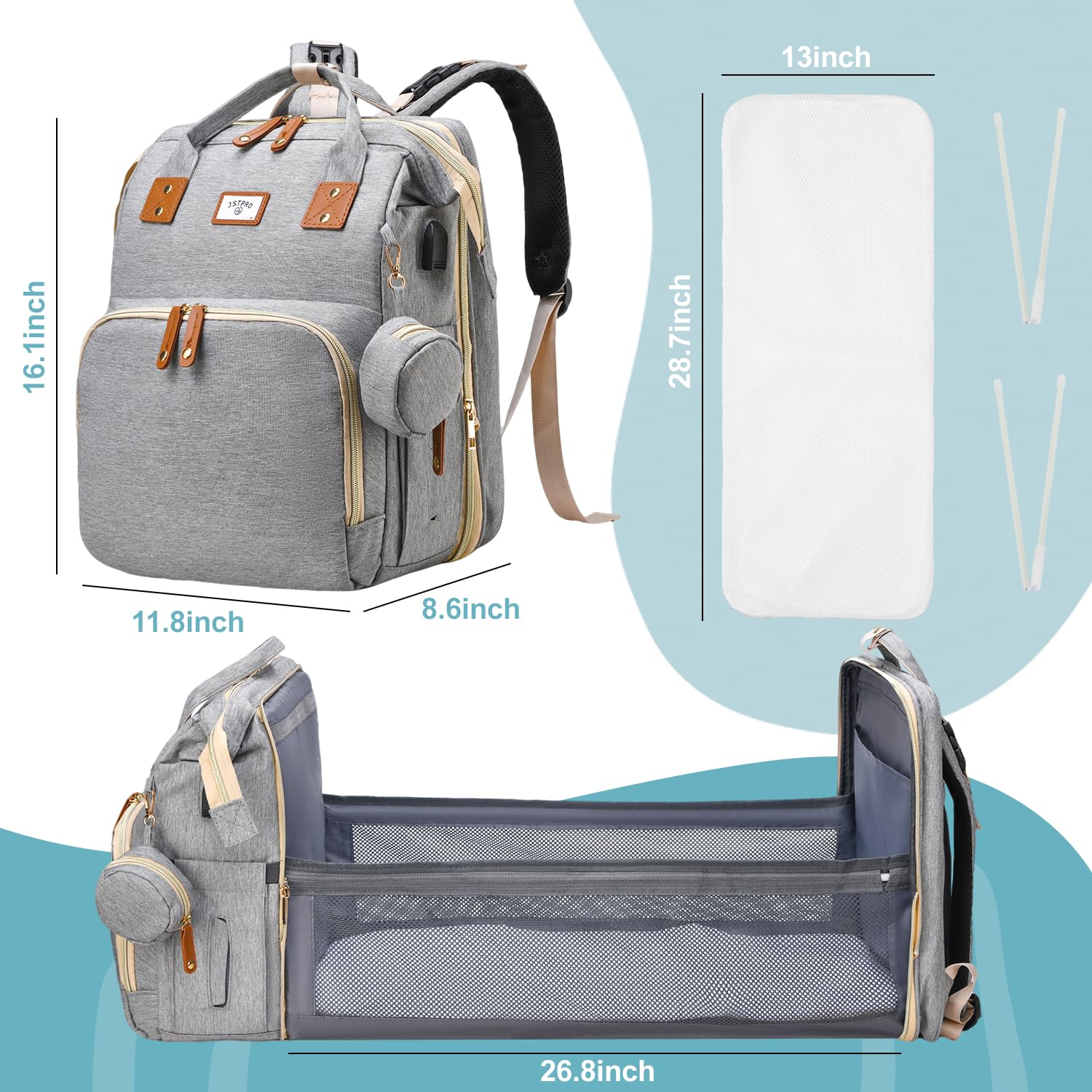 JSTPRO diaper bag backpack interior with 14 pockets for easy organization