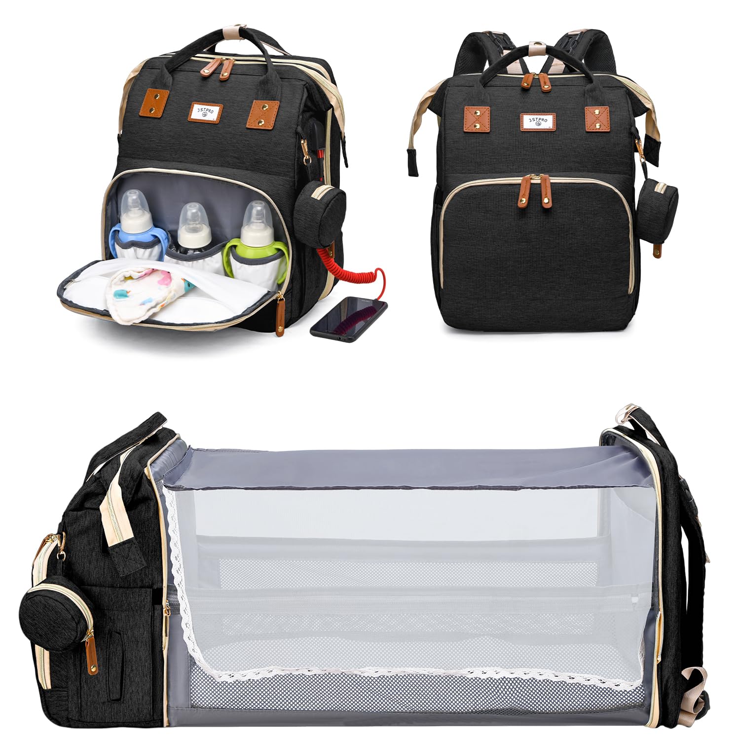 JSTPRO diaper bag backpack shows large capacity for organized travel on the go.