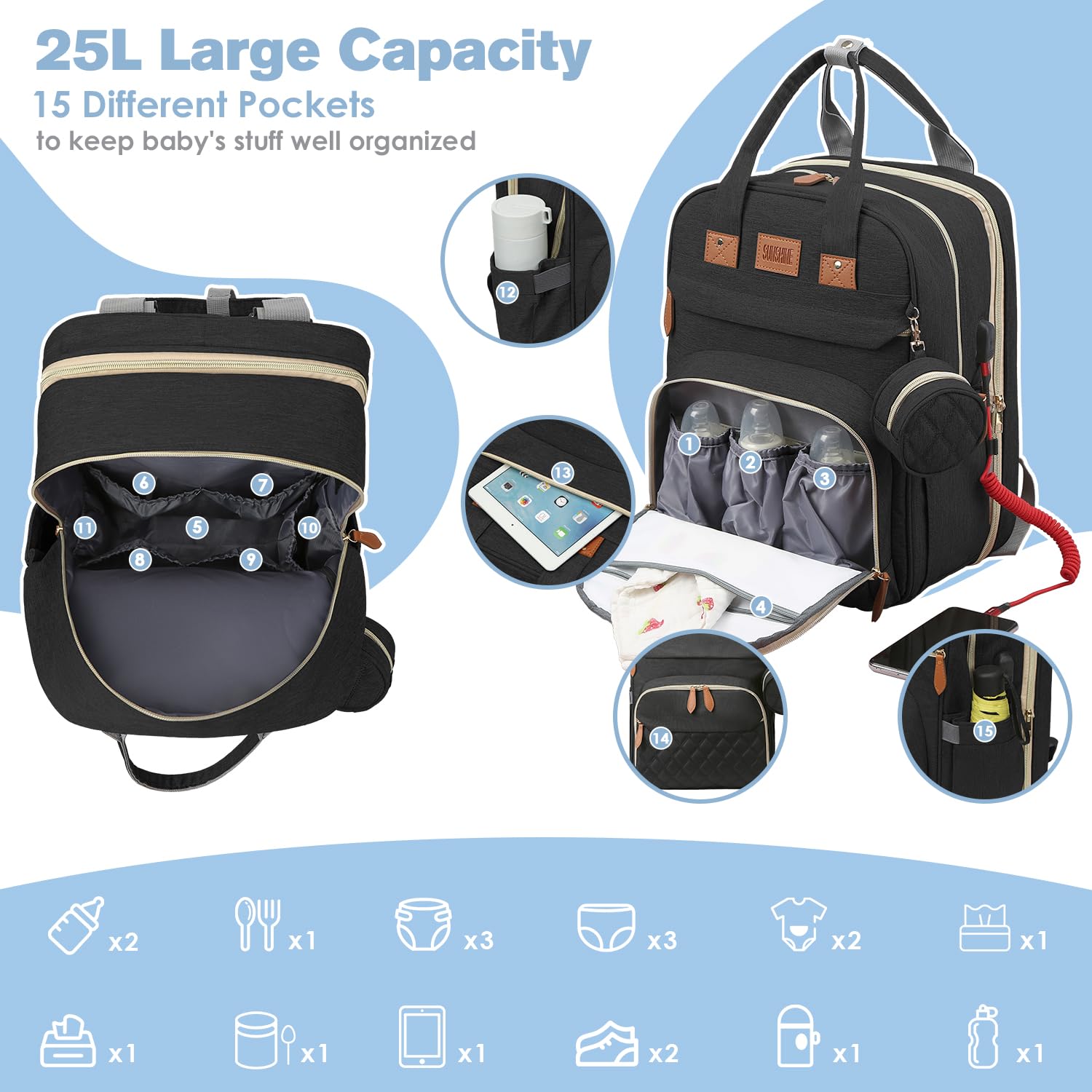 JSTPRO diaper bag side insulated bottle pocket for easy feeding access