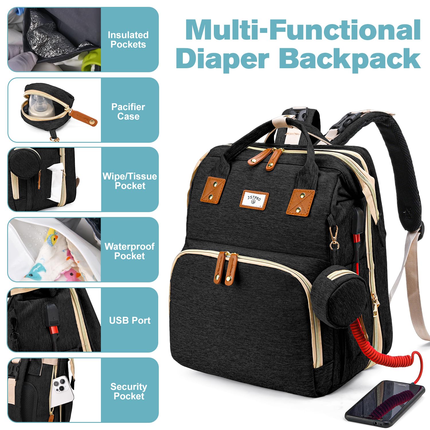 JSTPRO diaper bag with USB port enables convenient charging when traveling.