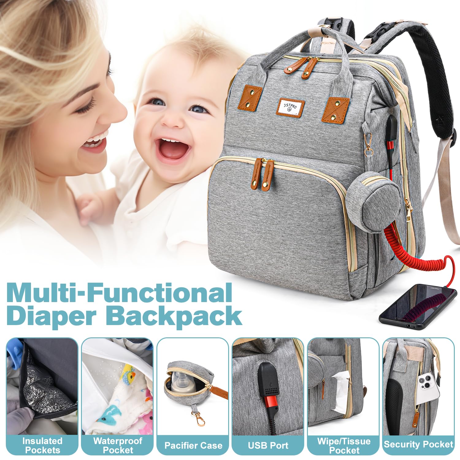 JSTPRO diaper bag backpack waterproof 900D Oxford fabric for durability